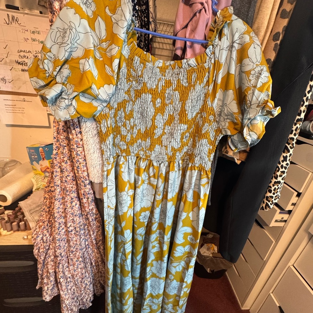 Floral Puff Sleeve Dress in Yellow and Blue